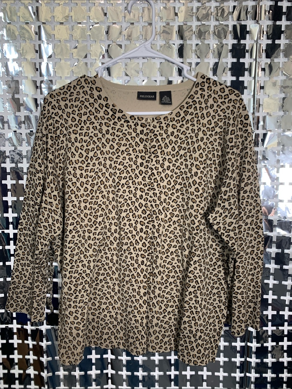 Fieldgear Leopard-Print Crewneck Cardigan — Tan/Black